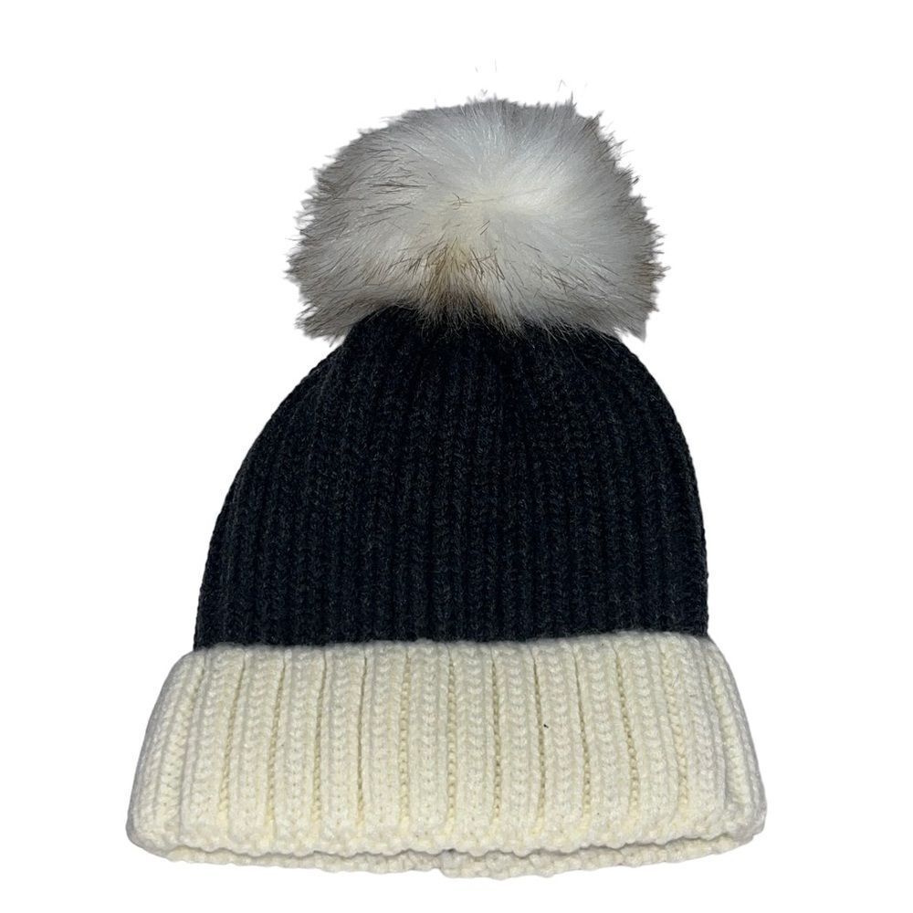 Grey Knit Beanie with Pom Pom